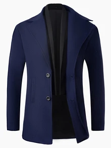 Calvornis Men's Dark Grey Business Casual Mid-Length Wool Blend Coat With Lapel - Navy Blue - View 3