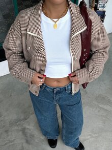 Muchica Plus Size Women's Plaid Zip-Up Casual Goth Elegant Versatile Everyday Long Sleeve Jacket Autumn Club Teacher Formal White Fall - Brown - View 8
