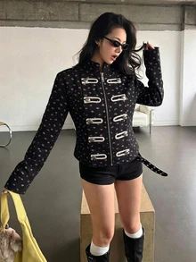 K-Vae 女款雙排扣碎花運動夾克，短版韓系溫柔休閒拉鍊運動衫 - 彩色 - 查看 5