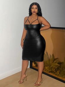 Slaydiva فستان جلد للنساء أنيق وأنيق وحفلات سهرة أنيق أسود داكن رفيع بلا أكمام مع فتحات، للربيع والصيف - الأسود - مشاهدة 5