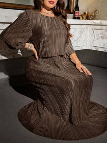 Reflora Plus Size Elegant Textured Round Neck Mid-Sleeve Dress, Autumn Formal Cocktail Party Wedding Guest Chocolate Brown Fall - Brown - View 8