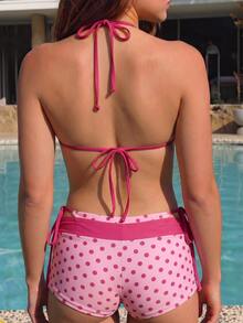 SHEIN Swim Women's Spring/Summer New Polka Dot Print Bow Decor V-Neck Halter Backless Triangle Top Tie-Up Bikini Bottoms Full Coverage Bikini Set 3pcs - Pink - View 3