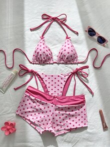 SHEIN Swim Women's Spring/Summer New Polka Dot Print Bow Decor V-Neck Halter Backless Triangle Top Tie-Up Bikini Bottoms Full Coverage Bikini Set 3pcs - Pink - View 5