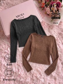 SHEIN MOD Women's Autumn/Winter Casual Solid Color Slim Fit T-Shirt Everyday Travel Grey Shades Of Brown - Multicolor - View 8