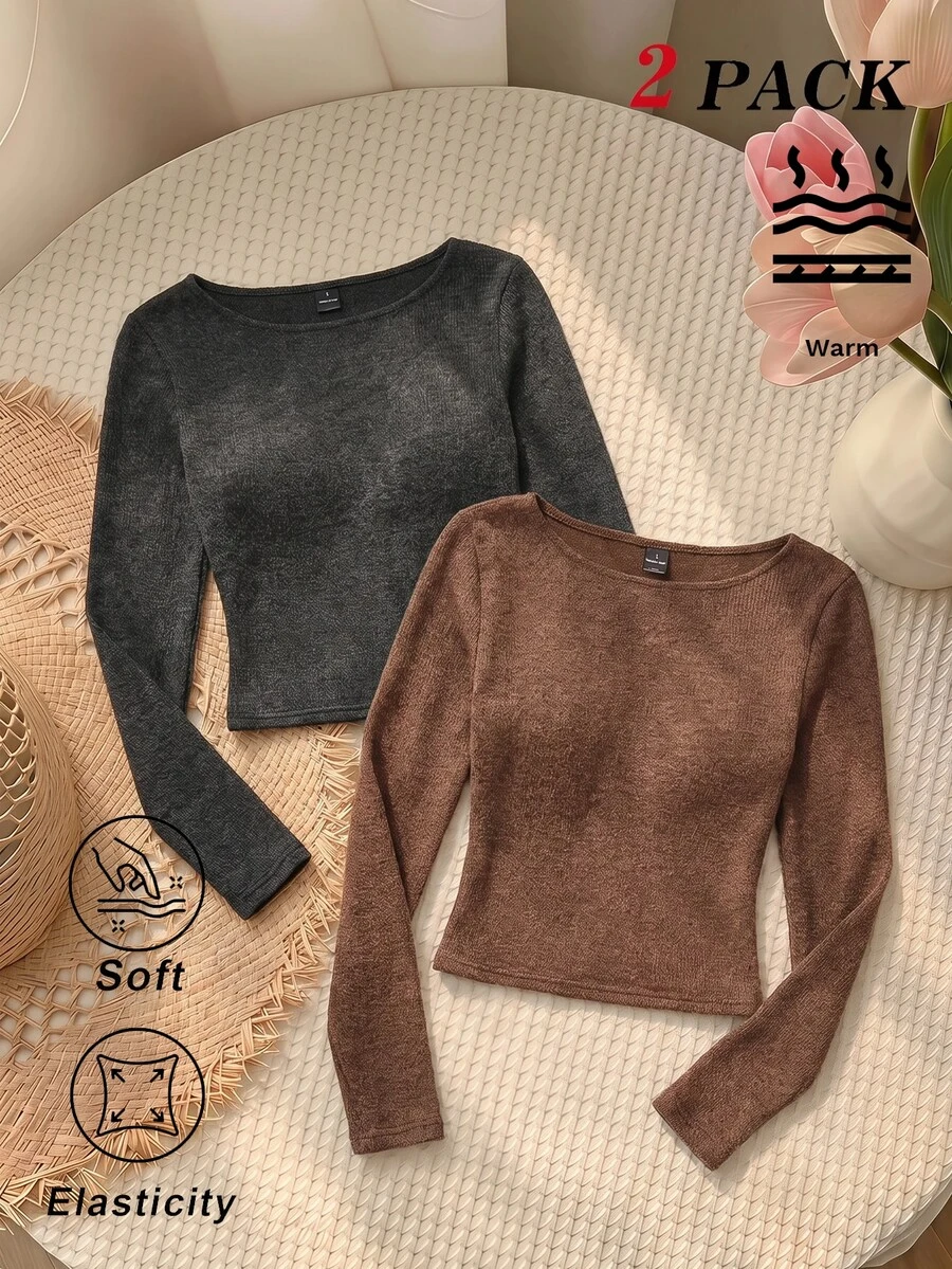 SHEIN MOD Women's Autumn/Winter Casual Solid Color Slim Fit T-Shirt Everyday Travel Grey Shades Of Brown - Multicolor - View 1