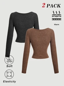 SHEIN MOD Women's Autumn/Winter Casual Solid Color Slim Fit T-Shirt Everyday Travel Grey Shades Of Brown - Multicolor - View 7