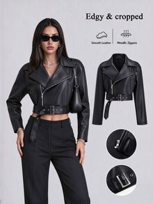 Sweetra Women's Long Sleeve Zipper Front Loose Design PU Leather Jacket Fall Winter Cloth For Women - Black - View 1