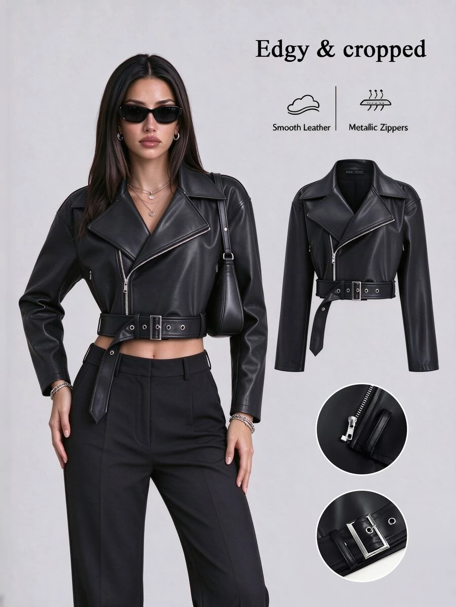 Sweetra Women's Long Sleeve Zipper Front Loose Design PU Leather Jacket Fall Winter Cloth For Women - Black - View 1