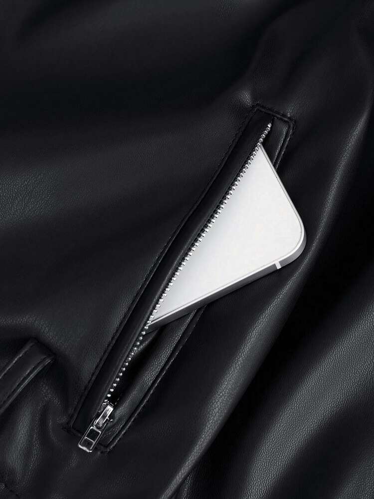 Sweetra Women's Long Sleeve Zipper Front Loose Design PU Leather Jacket Fall Winter Cloth For Women - Black - View 3