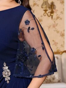 Reflora Elegant Plus Size Floral Embroidered Mesh Patchwork Rhinestone Decorated Dress Fall - Blue - View 8