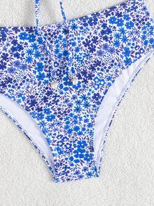SHEIN Swim Women's Cute Ditsy Floral Halter Trim Ruffled Sweetie Pearl Pendant Drawstring Bikini Swimwear Set, Beach Summer Vacation Outfit - Multicolor - View 6