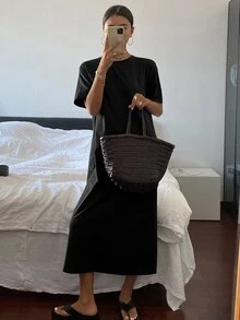 Livesso 女式短袖圆领长裙，休闲日常太阳裙 - 黑色 - 查看 7
