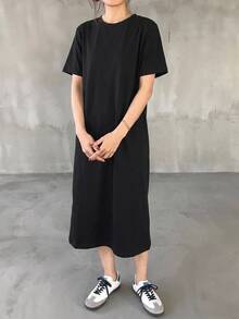 Livesso 女式短袖圆领长裙，休闲日常太阳裙 - 黑色 - 查看 5