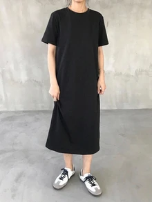 Livesso 女式短袖圆领长裙，休闲日常太阳裙 - 黑色 - 查看 2