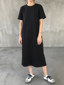 Livesso 女式短袖圆领长裙，休闲日常太阳裙 - 黑色 - 查看 4