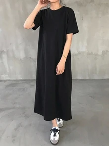 Livesso 女式短袖圆领长裙，休闲日常太阳裙 - 黑色 - 查看 3