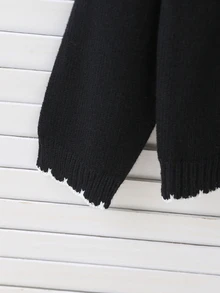 SHEIN 2件組女童針織套裝，極簡百搭圓領白色滾邊套頭毛衣搭配黑色直筒寬腿長褲，適中厚度，整潔下擺，柔軟親膚質感，細膩觸感，可分開穿著，適合日常穿著、上學、購物、戶外活動等場合，秋冬穿搭 - 黑色 - 查看 7