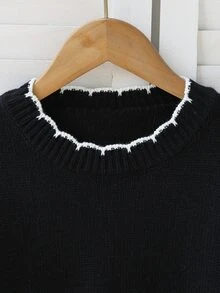 SHEIN 2件組女童針織套裝，極簡百搭圓領白色滾邊套頭毛衣搭配黑色直筒寬腿長褲，適中厚度，整潔下擺，柔軟親膚質感，細膩觸感，可分開穿著，適合日常穿著、上學、購物、戶外活動等場合，秋冬穿搭 - 黑色 - 查看 5