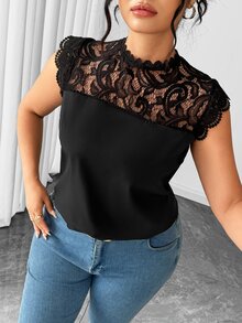 Elenzga 大尺碼女款夏季圓領荷葉袖小蓋袖對比蕾絲背心上衣 T-shirt，時尚百搭修身優雅黑色女裝襯衫 - 黑色 - 查看 4