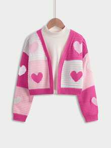 Tween Girl Solid Color Contrast Panel Long Sleeve Top With Heart Design Autumn Fall Birthday School Pink And White Y2k Cute - Multicolor - View 7