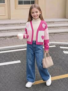 Tween Girl Solid Color Contrast Panel Long Sleeve Top With Heart Design Autumn Fall Birthday School Pink And White Y2k Cute - Multicolor - View 2