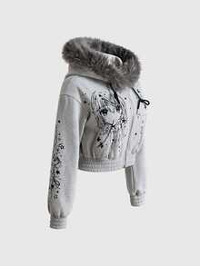 ROMWE Cute Anime Print Grey Raw Hem Cropped Women's Sweatshirt - Grey - View 15