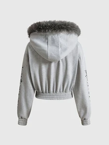ROMWE Cute Anime Print Grey Raw Hem Cropped Women's Sweatshirt - Grey - View 12