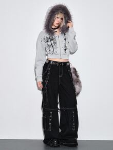 ROMWE Cute Anime Print Grey Raw Hem Cropped Women's Sweatshirt - Grey - View 8