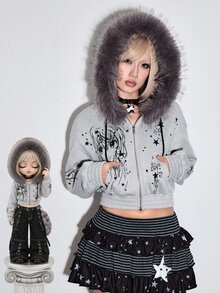 ROMWE Cute Anime Print Grey Raw Hem Cropped Women's Sweatshirt - Grey - View 11
