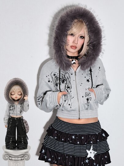Niedliches Anime-Muster graues Sweatshirt mit rohem Saum und verkürzter Passform für Damen