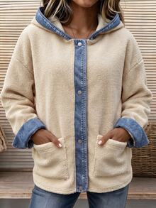 Balvessa Women's Autumn/Winter Basic Casual Lambswool Textured American Vintage Relaxed Style Denim Patchwork Hooded Single-Breasted Loose Jacket - Multicolor - View 1