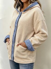 Balvessa Women's Autumn/Winter Basic Casual Lambswool Textured American Vintage Relaxed Style Denim Patchwork Hooded Single-Breasted Loose Jacket - Multicolor - View 4