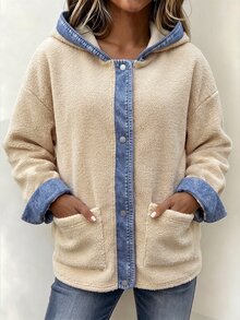 Balvessa Women's Autumn/Winter Basic Casual Lambswool Textured American Vintage Relaxed Style Denim Patchwork Hooded Single-Breasted Loose Jacket - Multicolor - View 3