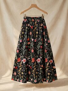 SHEIN Clasi 大码夏季粉色印花喇叭舒适半身裙 - 黑色 - 查看 4