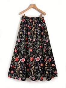 SHEIN Clasi 大码夏季粉色印花喇叭舒适半身裙 - 黑色 - 查看 3