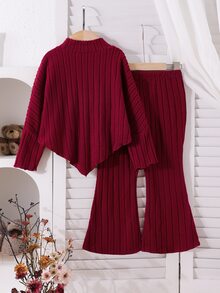 SHEIN Elladie kids 女童2件套 半高領長袖不對稱下擺可愛熊拼接上衣 + 羅紋喇叭褲，甜美休閒嬰幼兒春秋款 棕色 - 紅色 - 查看 2