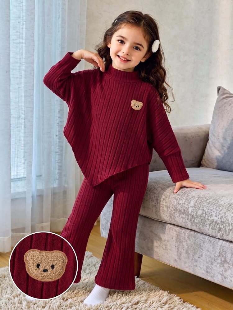 SHEIN Elladie kids Girls 2pcs Set, Half-High Neck Long Sleeve Asymmetrical Hem Cute Bear Patchwork Top + Ribbed Flare Leggings, Sweet Casual Baby Spring/Autumn Brown - Red - View 3