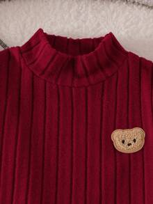SHEIN Elladie kids 女童2件套 半高領長袖不對稱下擺可愛熊拼接上衣 + 羅紋喇叭褲，甜美休閒嬰幼兒春秋款 棕色 - 紅色 - 查看 9