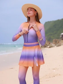 Swim Shayni 藍色與橘色保守女款優雅端莊度假泳衣套裝，海灘夏季款 - 彩色 - 查看 5