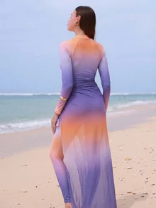 Swim Shayni 藍色與橘色保守女款優雅端莊度假泳衣套裝，海灘夏季款 - 彩色 - 查看 2