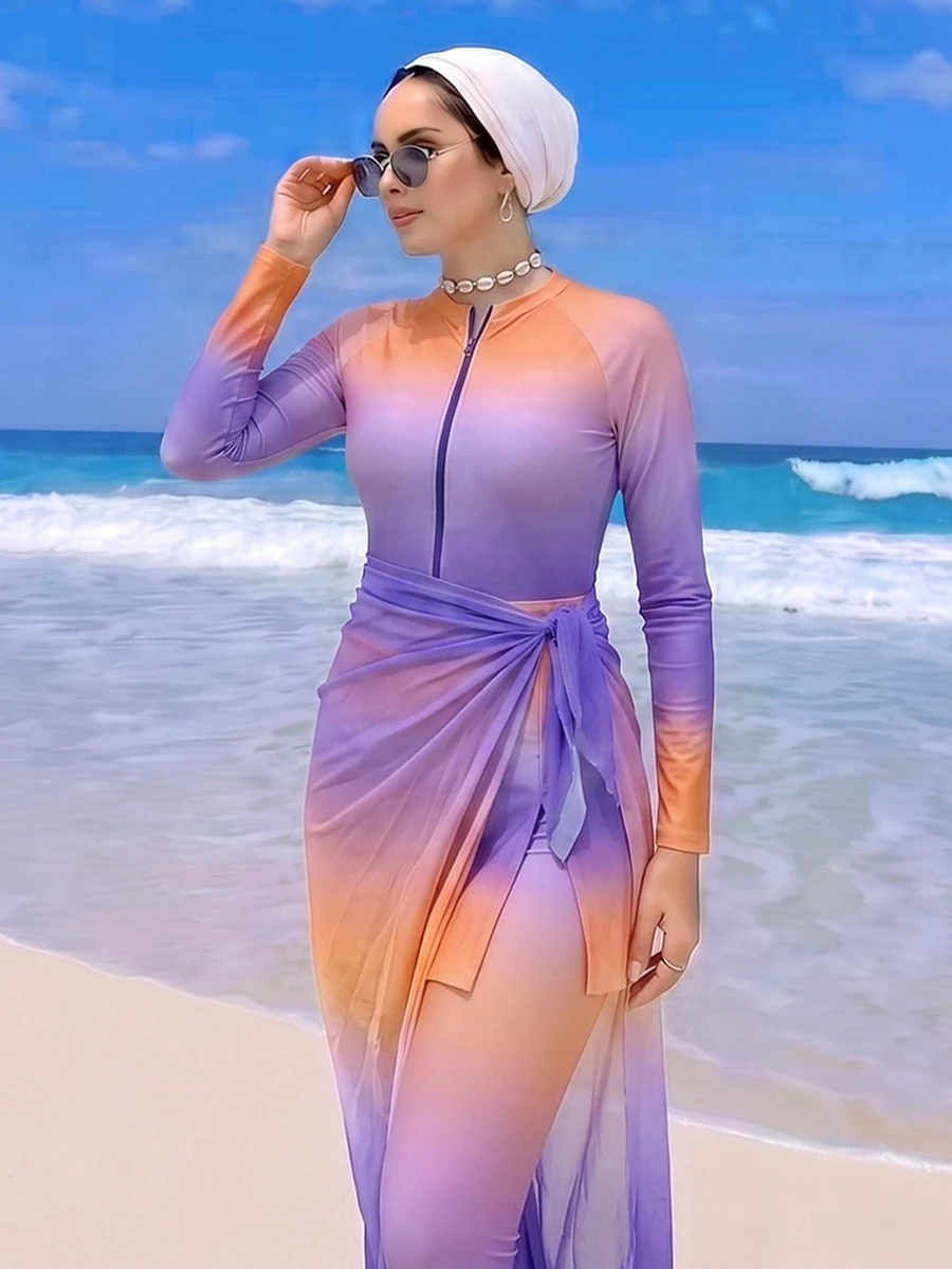 Swim Shayni 藍色與橘色保守女款優雅端莊度假泳衣套裝，海灘夏季款 - 彩色 - 查看 1