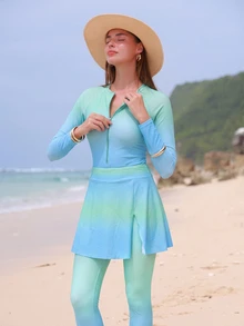 Swim Shayni Conjunto de traje de baño elegante y conservador con degradado de color para mujer, ideal para vacaciones - Multicolor - Ver 3