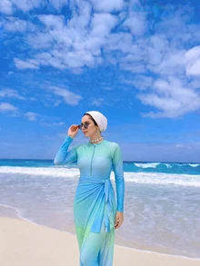 Swim Shayni Conjunto de traje de baño elegante y conservador con degradado de color para mujer, ideal para vacaciones - Multicolor - Ver 6