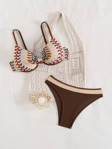 SHEIN Swim Glamour Summer New Women's Swimwear Underwire Push-Up Gathered Double Shoulder Straps Spaghetti Strap Back Adjustable Triangle Bikini 2pcs Set - Multicolor - View 4