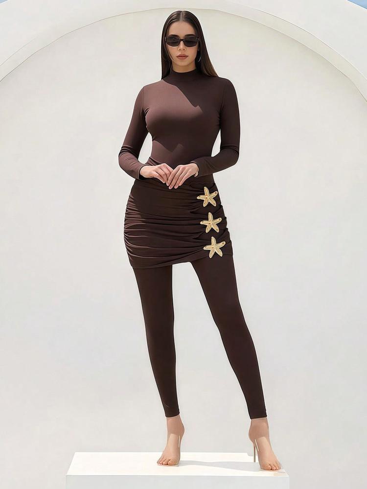 Swim Shayni Ladies Elegant Modest Swimwear Set, Brown Round Neck Zipper Top, Pleated Bodycon Design, Star Hem Detail, Solid Color Shorts For Summer Beach Holiday - Coffee Brown - View 1