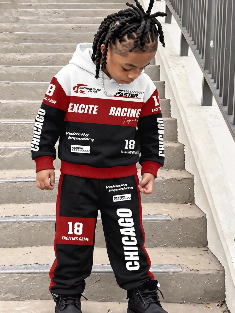 Tween Boy Casual Minimalist Long Sleeve Hooded Comfortable Sweatshirt 2 Pieces Set Suitable For Autumn/Winter, Classic Cool Racing Car Graphic Print, Classic Racing Culture Graphic Print, Suitable For Sports - Multicolor - View 1
