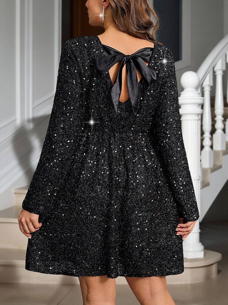 Reflora Plus Size Sequin Backless Tie Strap Party Dress,Curvy Women's Black High-Quality Long Sleeve A-Line Winter 70's Night Out Club,Wedding Guest Dress - Black - View 7