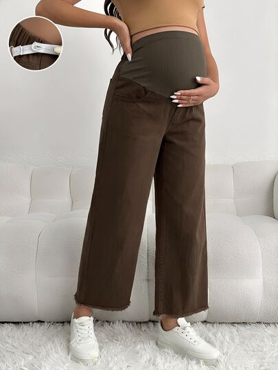 SHEIN Maternity Casual Loose Cropped Jeans With Waistband Patchwork