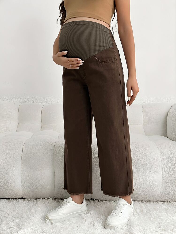 SHEIN Maternity Casual Loose Cropped Jeans With Waistband Patchwork - Brown - View 5