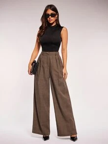 Radiana Casual Long Wide Leg Women's Suit Pants With Plain Plaid Pattern Multicolor Fabric - Multicolor - View 3
